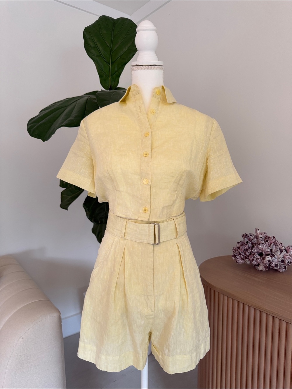 Tailored Light Yellow Short Sleeve Linen Jumpsuit with Belt
